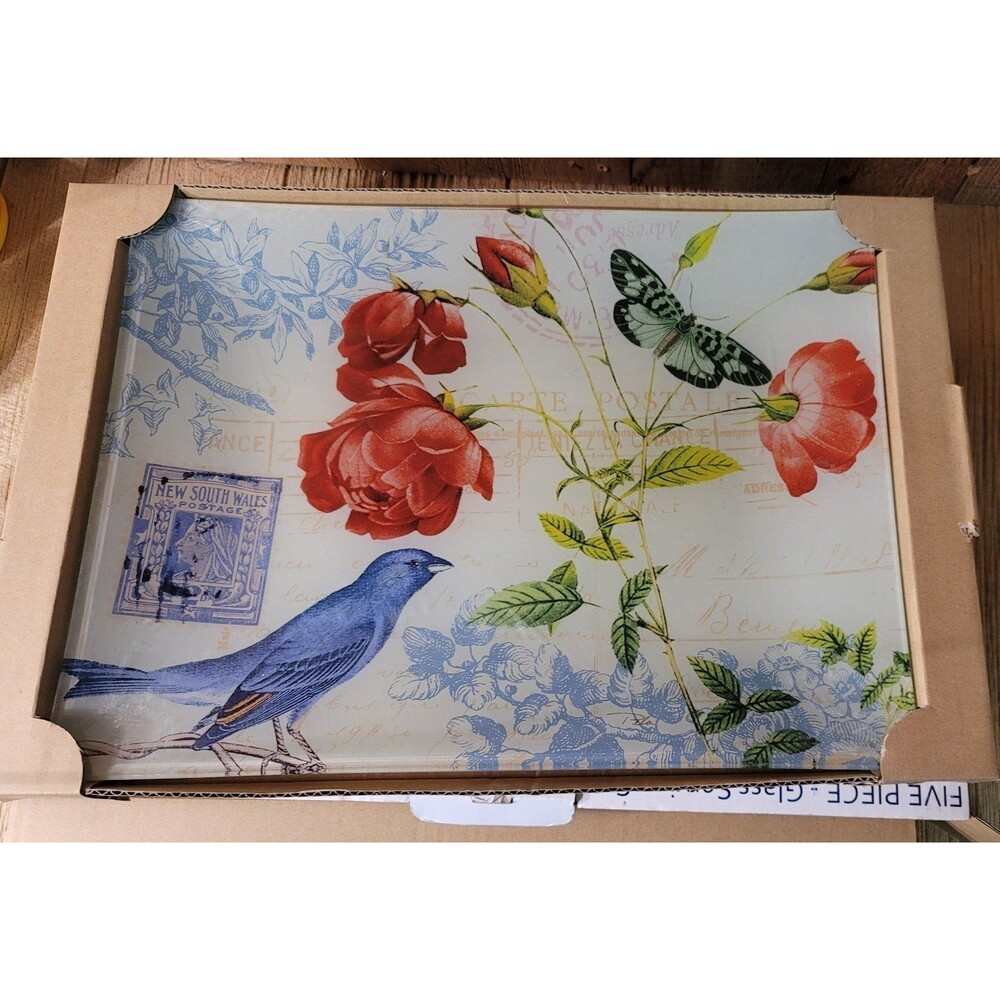 Memories Artisan Glasswork 5 pc. Textured Glass Serving Pieces with Bird/Floral